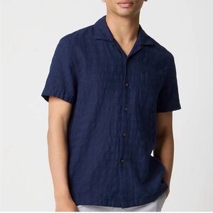 J Crew Linen Shirt Cotton Blend Navy Blue Camp Casual Button Down Short Sleeve L